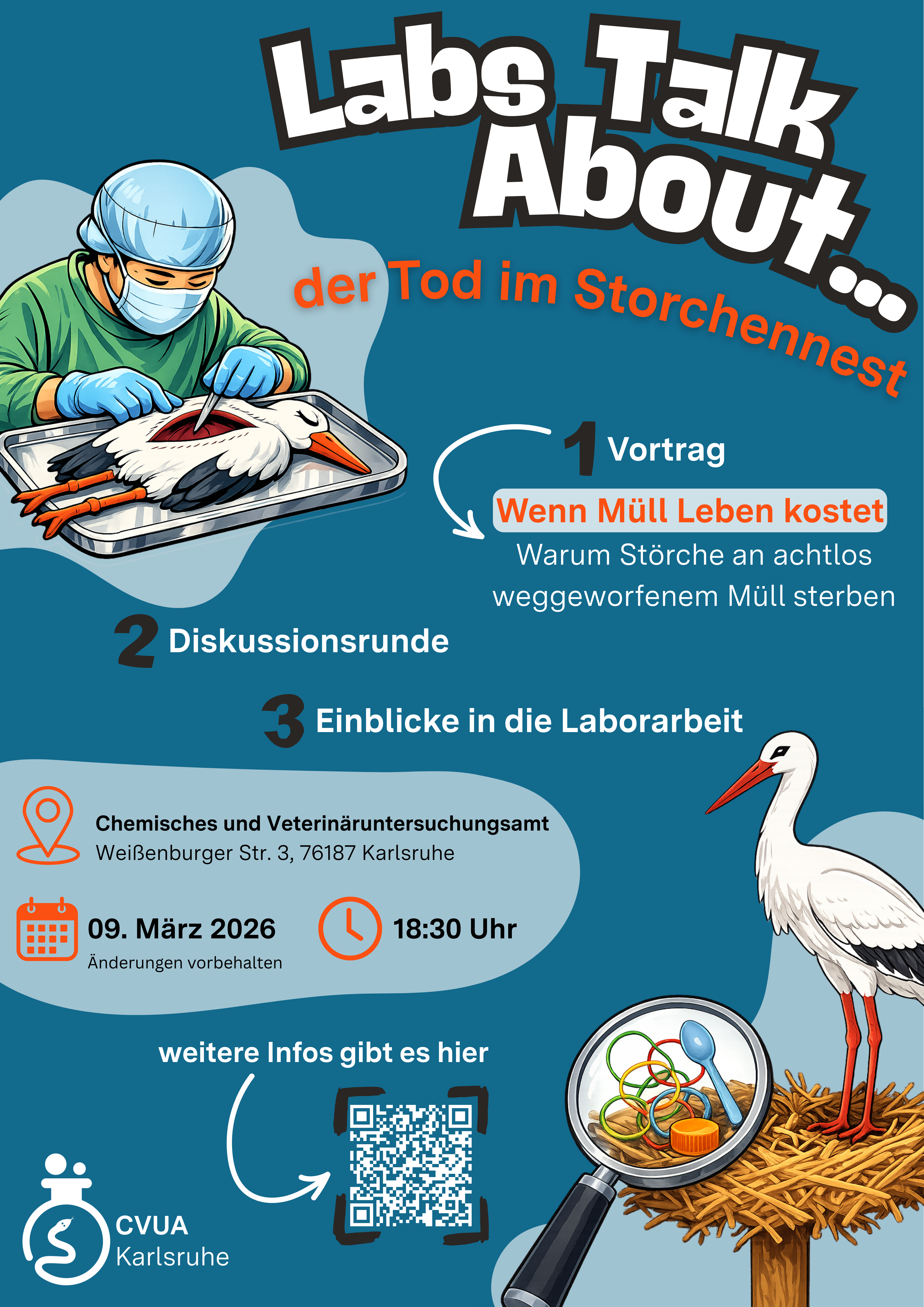 Die Abbildung zeigt den Titel der Veranstaltung „Labs Talk About“ in Verbindung mit dem Logo des CVUA Karlsruhe, sowie Darstellungen von Störchen, Laborpersonal und Plastikteilen